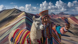 Starsza rdzenna mieszkanka Peru w tradycyjnym stroju robi sobie selfie z lamą na tle Gór Tęczowych Vinicunca.