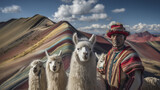 Selfie/portret rdzennego Peruwiańczyka z jego lamami, na tle kolorowych Gór Tęczowych Vinicunca w Peru.