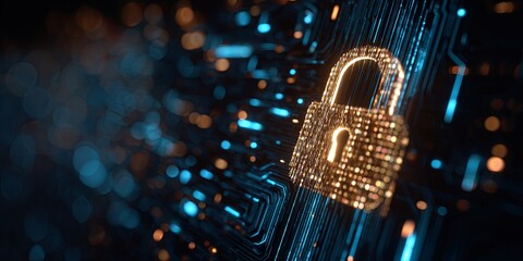 Wall Mural - abstract digital technology art with lock symbol representing cybersecurity concepts and data protec