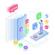 © luvinda - Mobile ui/ux isometric design. Generate for ecommerce app design or web dashboards. Vector illustration on transparent png background.