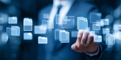 Wall Mural - business professional interacting with digital file icons in a virtual interface background in a mod