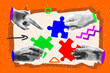 © mitay20 - Collage with halftone hands putting puzzle together. Teamwork concept vector pop art retro style illustration. Partnership and relationship design element for infographic, poster, website