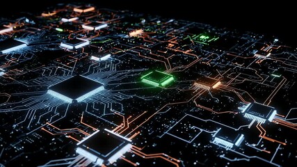 Closeup of a glowing computer circuit board with chips