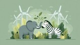 SŁOŃ I ZEBRA W PRZYJAZNYM OTOCZENIU Z ELEKTROWNIAMI WIATROWYMI