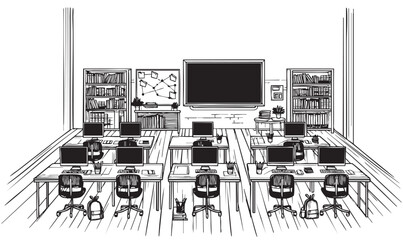 line sketch black flat classroom interior with desks and computers