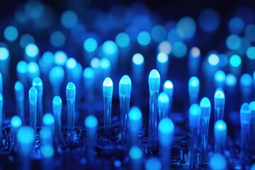 Wall Mural - close-up of numerous glowing blue light sources, resembling a futuristic cityscape or network.