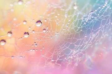 Close-up of a spiderweb glistening with morning dew, showcasing vibrant pastel colors.