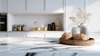 © Stock by Anindya - Close up of a marble table top in a white modern kitchen with built in cabinets and a counter. Interior of a showcase cooking room mockup. Generative AI.