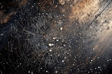Dew-covered spiderweb on dark, textured wood; intricate details and water droplets.
