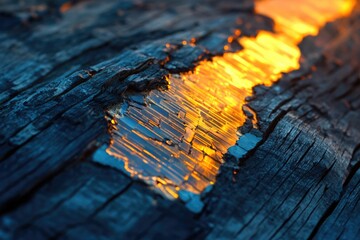 Wall Mural - glowing amber resin fills a crack in dark, charred wood, creating a striking contrast of textures an