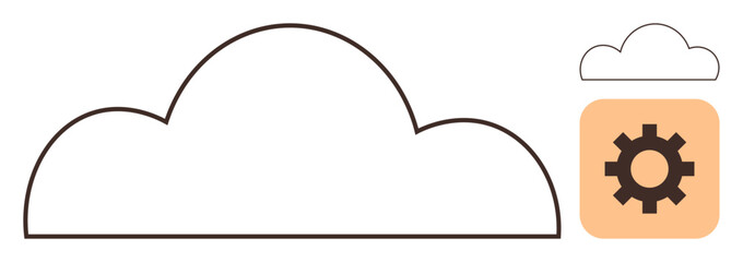 Minimalist cloud outline next to a gear embedded in a square. Ideal for cloud computing, storage, settings, technology, optimization, software, and innovation. Simple flat metaphor