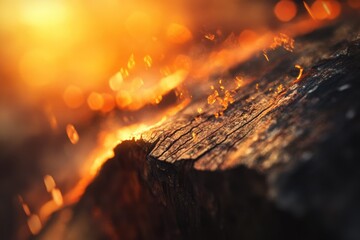 Wall Mural - burning wood log close-up at sunset, embers glowing brightly, warm colors.