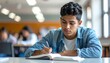 © JuanPablo - Realistic medium-shot from waist up of a focused Latin student studying at high school, natural skin tones, casual school attire, attentive and concentrated expression, vibrant colors, bright indoor l