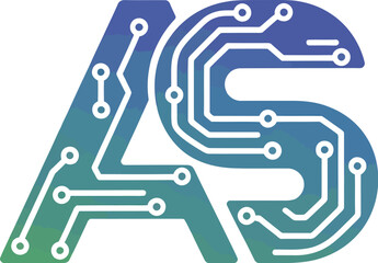 Digital numbers and letters in a circuit board pattern create a technological alphabet design