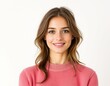 © Digi ART - A portrait of a smiling woman with wavy brown hair wearing a pink sweater against a white background