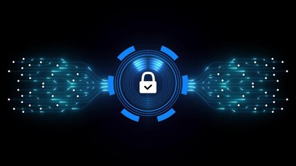 Tech background for unlocking UI system. Lock scan with digital HUD circle and AI circuit board. Touch screen button for user interface.