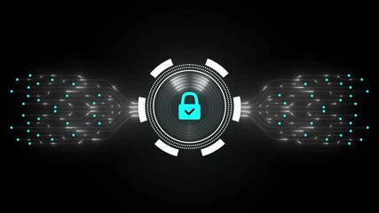 Tech background for unlocking UI system. Lock scan with digital HUD circle and AI circuit board. Touch screen button for user interface.