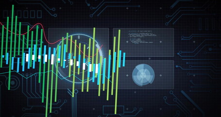 Wall Mural - displaying multicolor candlestick bars on dashboard with red line, code, radar panels, circuit grid