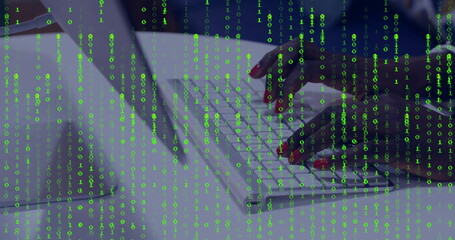 Wall Mural - typing female hands entering code on white keyboard at office workspace, with binary code