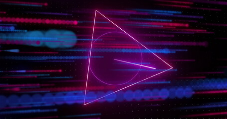 Wall Mural - showing glowing neon pink triangle on screen with circle and diagonal line, streaks and matrix dots