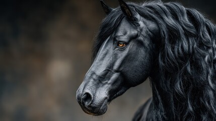 Naklejka na meble Majestic black horse with flowing mane stands confidently against dark background