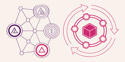 Abstract network diagram with geometric shapes and circular flow illustration present on the image