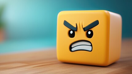 Wall Mural - A yellow cube with an angry face emoji on a wooden surface against a blurred blue background. The cube has a smooth texture and a simple design.