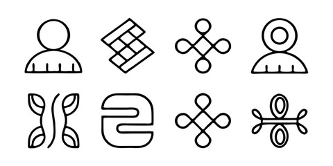 Set of eight abstract geometric symbols isolated on white background featuring minimalist line art designs suitable for logos, icons, and modern graphic elements with creative shapes