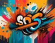 © Sondra - a series of abstract posters with graffiti lettering on a colorful background the colors include black ink outlines against a backdrop filled with colorful spray paint drips and splatters