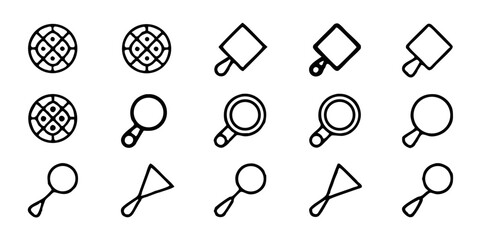 Collection of simple black line icons of magnifying glasses isolated on white background for search, zoom, and exploration in various shapes and styles for web and app design