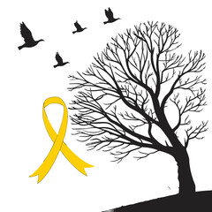 gold ribbon and tree with birds for childhood cancer awareness isolated