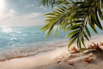 Wall Mural - Relaxing summer day at the beach with gentle waves and palm trees providing shade near the shore