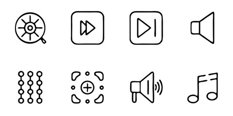 Set of simple line icons of media player controls isolated on white background collection of linear symbols for music and applications play, pause, stop, record, volume, and equalizer icons