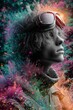 © OCTOLENS - Thoughtful digital art portrait of young man with goggle in fantasy world. Colorful abstract powder explodes around him, representing creativity and imagination