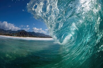 Wall Mural - Perfect large wave rolling onto the shore at Oahu's north coast under clear blue skies and majestic mountain backdrop