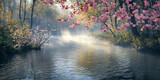 Soft morning mist over a spring river in the forest, gentle ripples reflecting new leaves and wild cherry blossoms along the banks