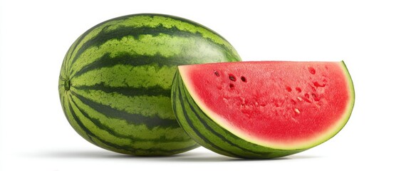 Wall Mural - The Watermelon with a Thick Slice Revealing Vibrant Red Juicy Flesh on White Background