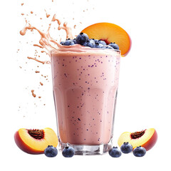 Wall Mural - Peach blueberry milkshake splash, studio shot, isolated on a white transparent background