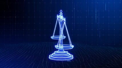 Futuristic Scales of Justice Hologram on Digital Grid Background in Blue Tones