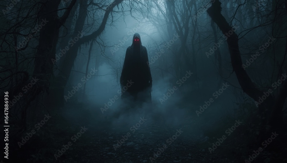 Ominous figure with glowing red eyes standing in a misty dark forest at ...