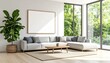 © umbubs - Sunlit modern living room interior featuring a blank frame for mockup, a large sofa, and windows with a view of a lush garden.