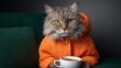 © Nataliia_Trushchenko - Cat is sitting on a couch with a cup of tea in its lap. The cat is wearing an orange sweater and he is enjoying a warm beverage
