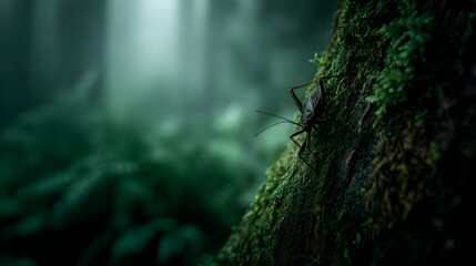 Large bug crawling on tree trunk in lush jungle environment