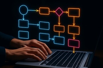 hands typing on a laptop with a digital flowchart overlay representing business process automation a
