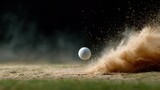 Golf ball suspended mid air after striking sand on  golf course with dirt and debris flying upwards