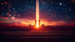 Urban skyline silhouette with light beams and stars on a patriotic backdrop for Patriot Day
