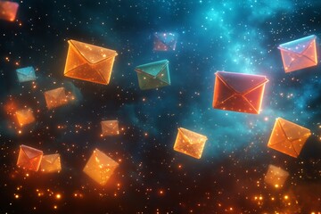 Wall Mural - Colorful Envelopes Floating in a Cosmic Background With Sparkling Stars in Space