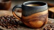 © SaroStock - Hot morning coffee in rustic mug with eucalyptus on wooden board at table