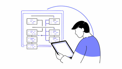 Man reviewing a complex system diagram on a tablet.
