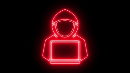 Neon hacker icon on black background representing cybercrime technology and digital security concepts, Glowing neon Hacker Cybercriminal with laptop icon animation. Hacker is cybercriminal 